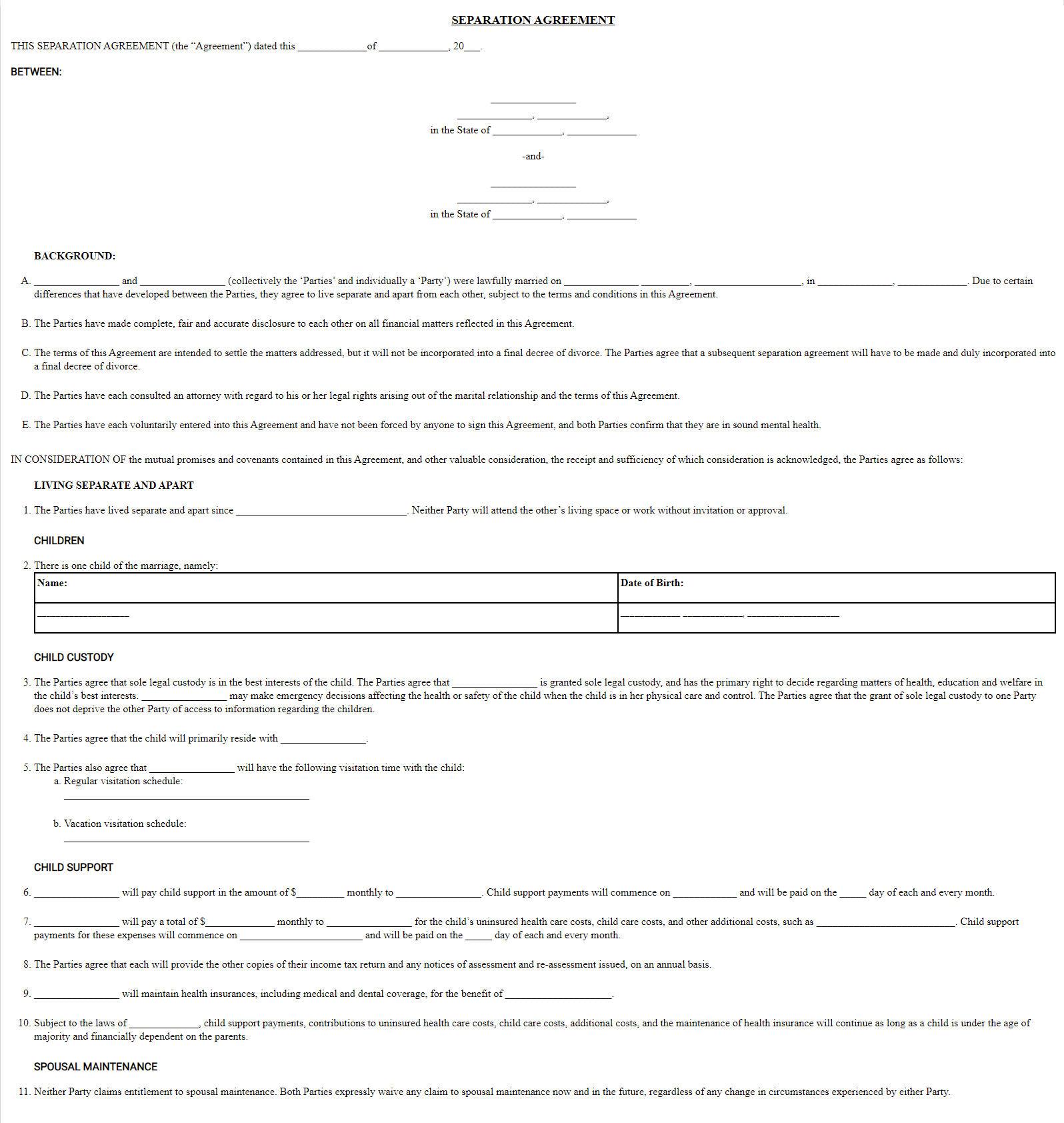 Printable Do It Yourself Separation Agreement