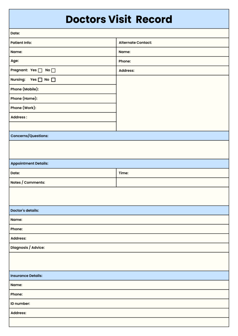 Printable Doctor Visit Form Template