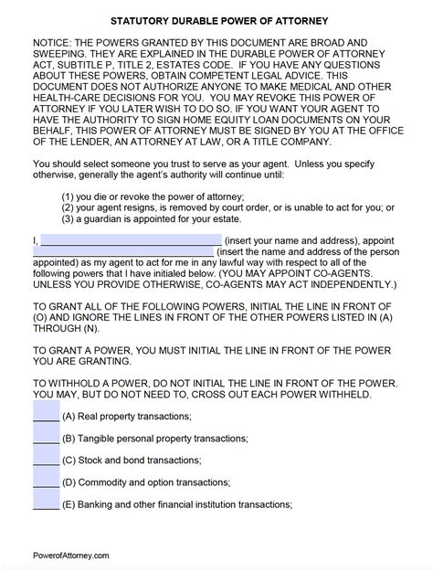 Printable Durable Power Of Attorney Form Texas Printable Forms Free