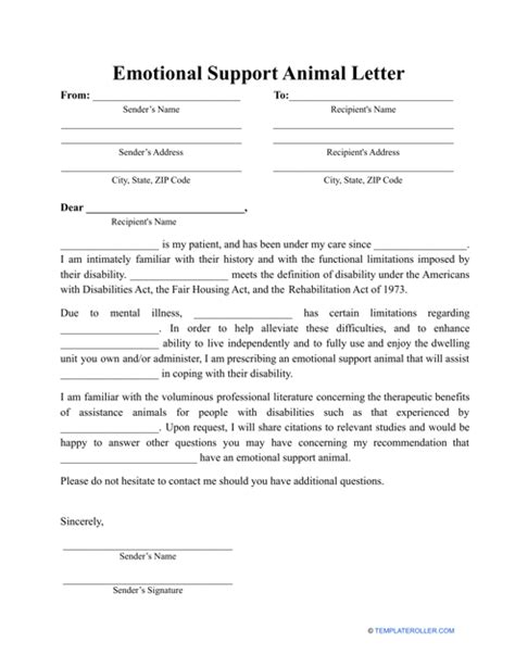 Printable Emotional Support Animal Letter Pdf Form Fill Download