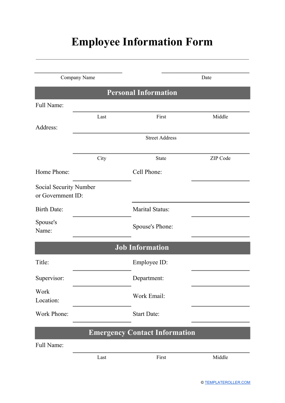 Printable Employee Information Form