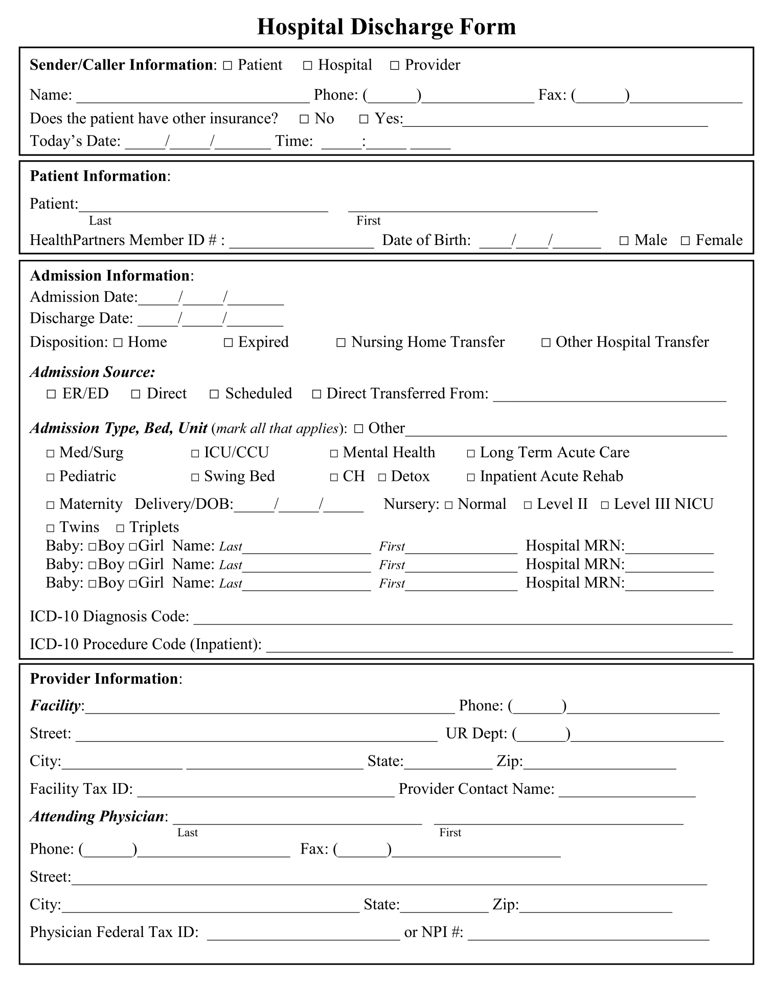 Printable Fillable Hospital Discharge Papers