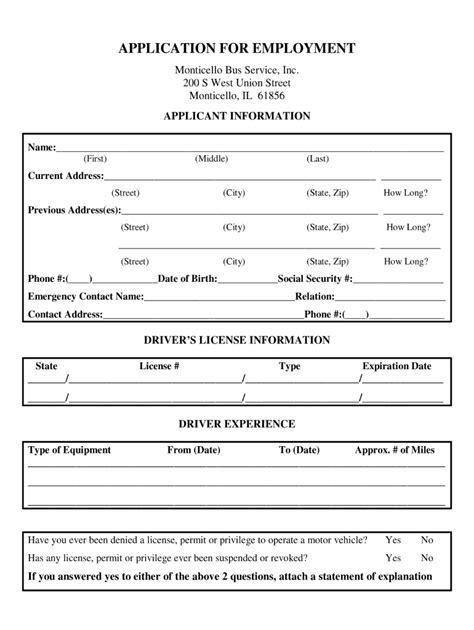 Printable Free Truck Driver Application Template