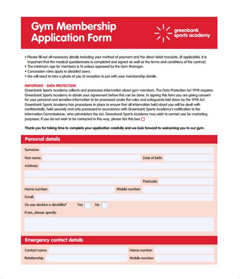 Printable Gym Membership Form Printable Forms Free Online