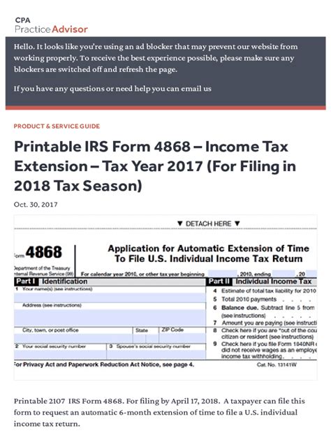 Printable Irs Form 4868 Income Tax Extension Tax Year 2017 For