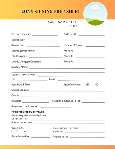 Printable Loan Signing Prep Sheet Loan Signing Planner Notary Signing