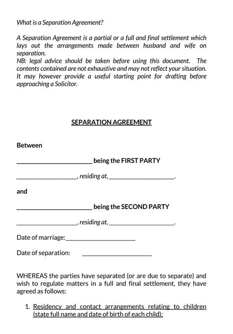 Printable Marriage Separation Agreement Template