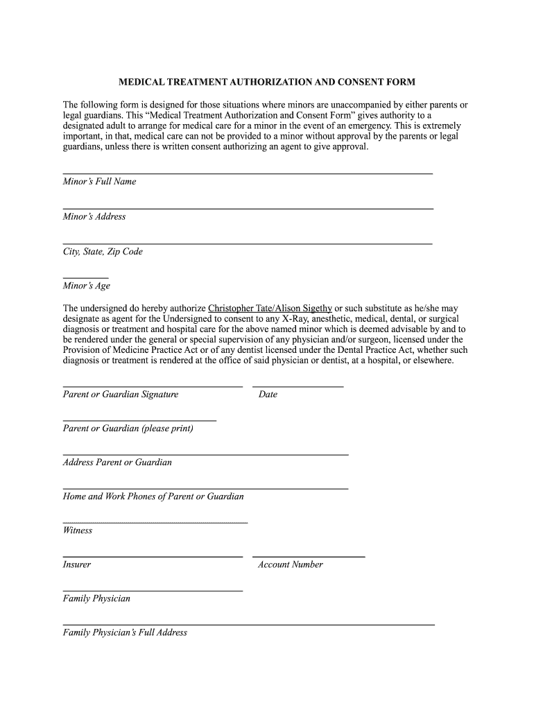 Printable Medical Consent Form For Minor While Parents Are Away