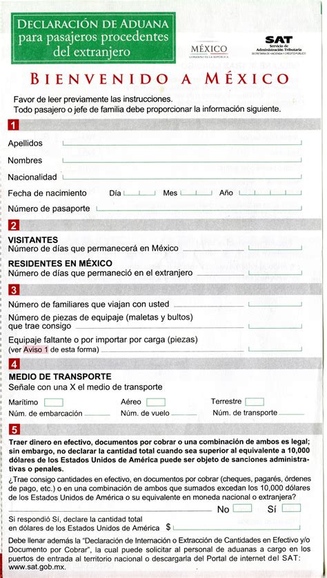 Printable Mexico Customs Form Printable Forms Free Online