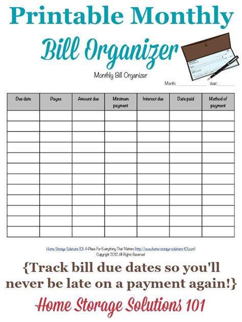 Printable Monthly Bill Organizer To Make Sure You Pay Bills On Time Financial Organization