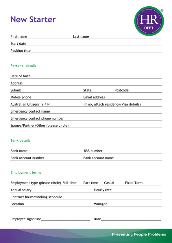 Printable New Employee Starter Form Template Printable Templates Free