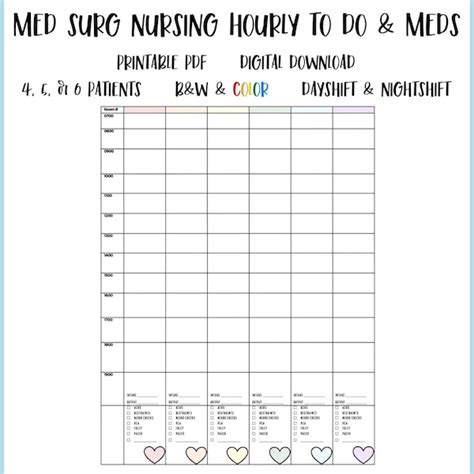 Printable Nursing Hourly To Do List Med Surg Nurse Brain Sheet