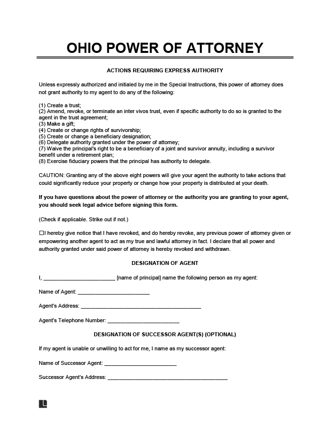 Printable Power Of Attorney Form Ohio Printable Forms Free Online