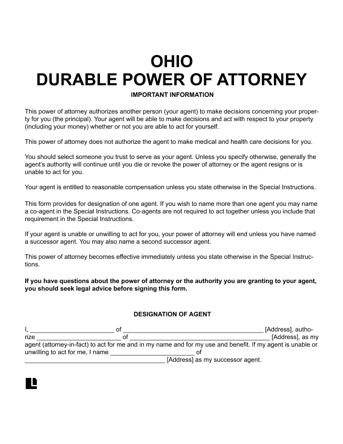 Printable Power Of Attorney Form Ohio