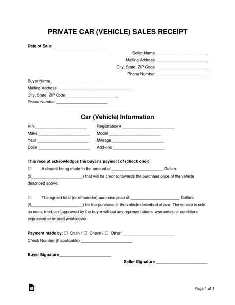 Printable Private Car Sale Receipt Template