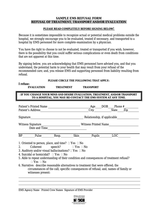 Printable Refusal Of Medical Treatment Form Prntbl Concejomunicipaldechinu Gov Co