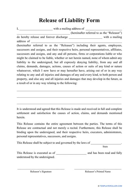 Printable Release Of Liability