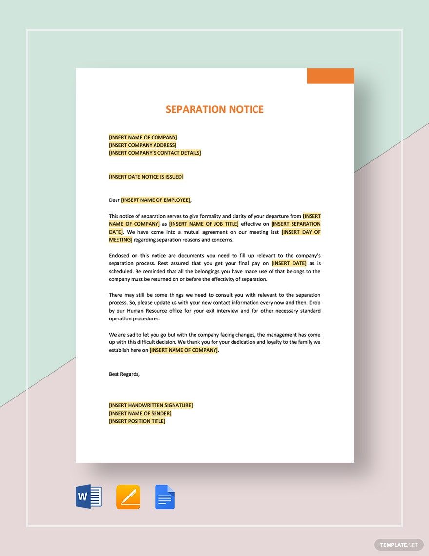 Printable Separation Notice Template Printable Word Searches