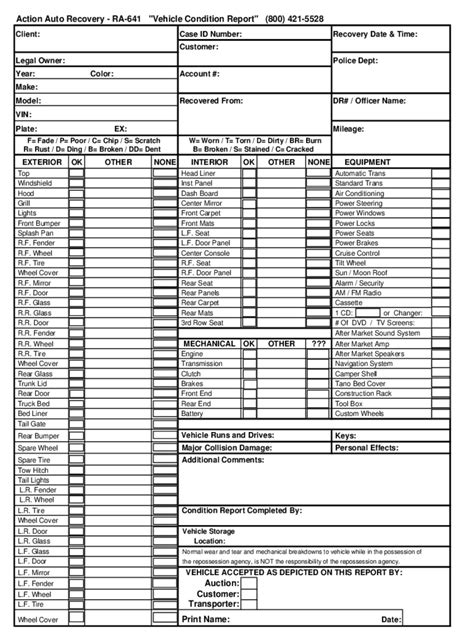 Printable Vehicle Condition Report Template Printable Form Templates