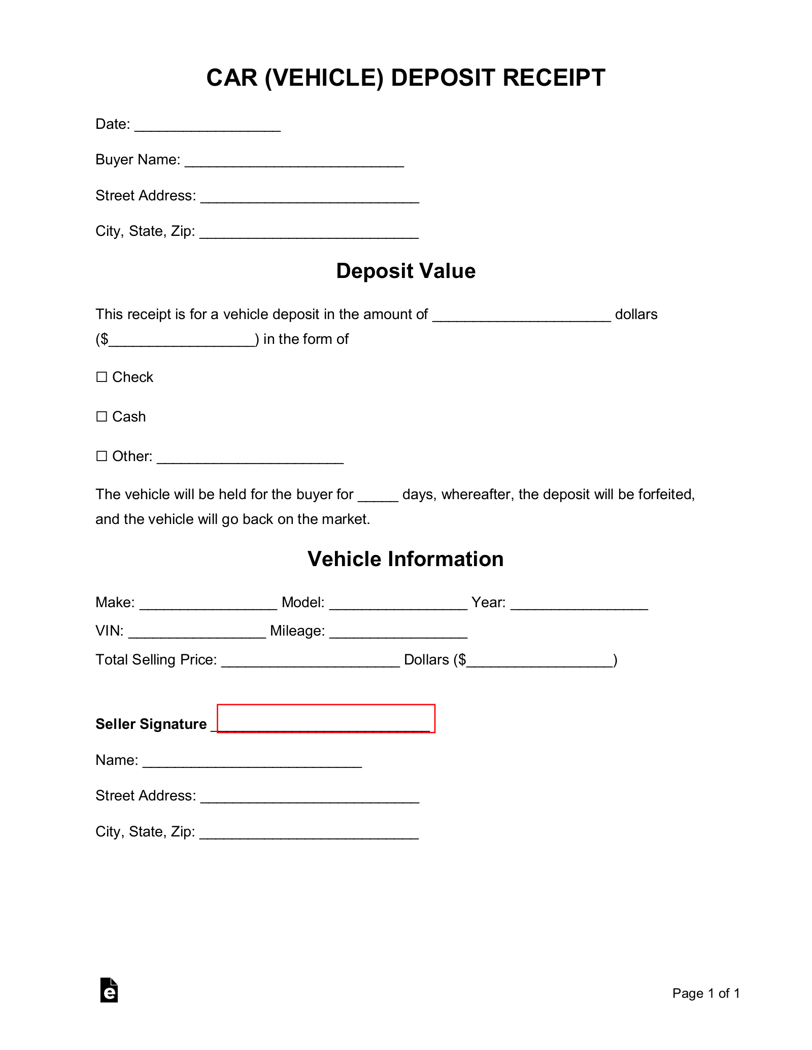 Printable Vehicle Sales Receipt