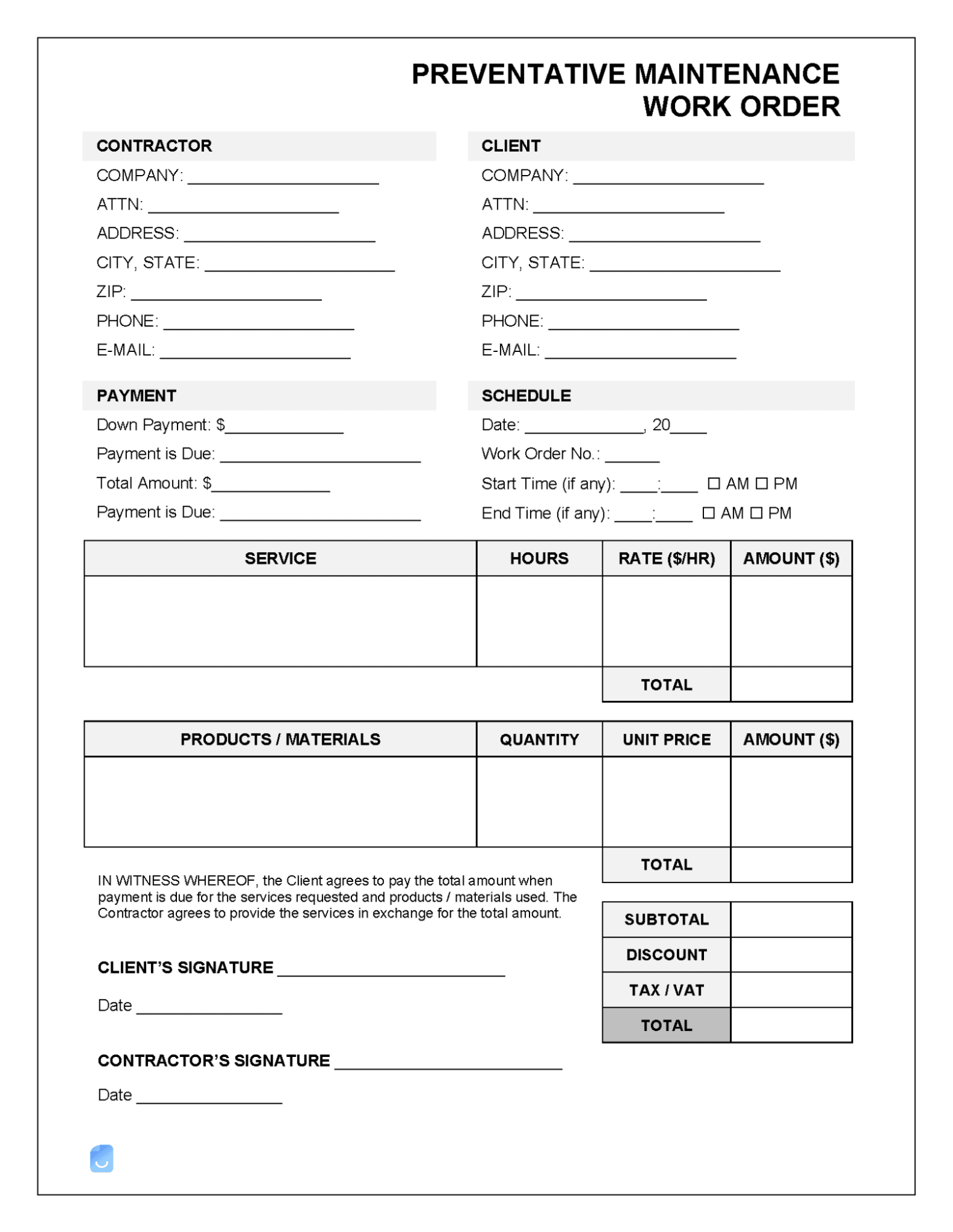 Printable Work Order Forms