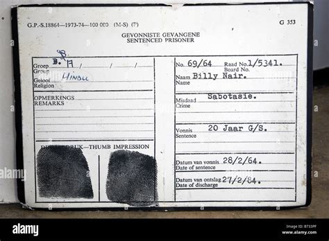 Prisoner Record Card Of A Former Inmate Maximum Security Prison Robben