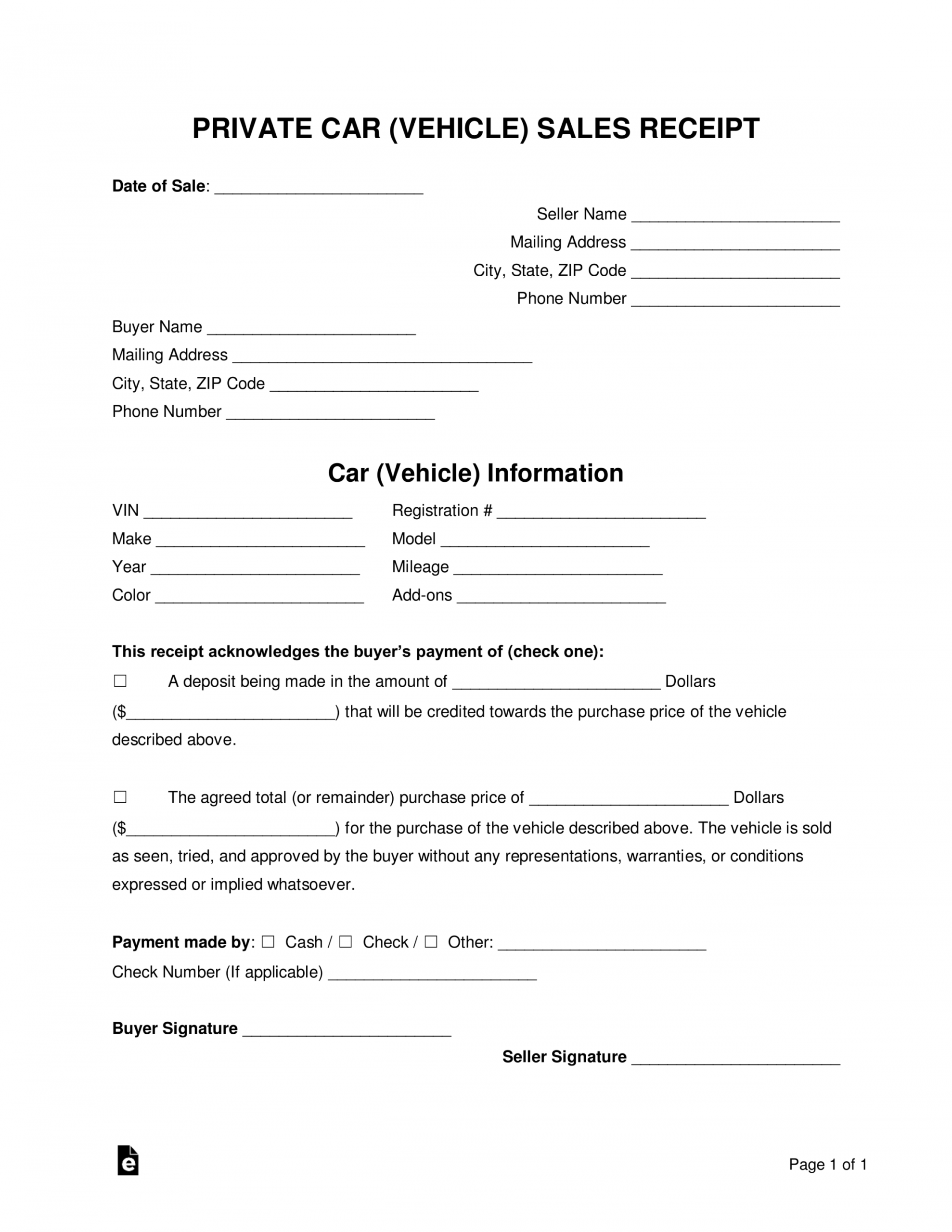 Private Car Sale Receipt Template Printable Pdf Word