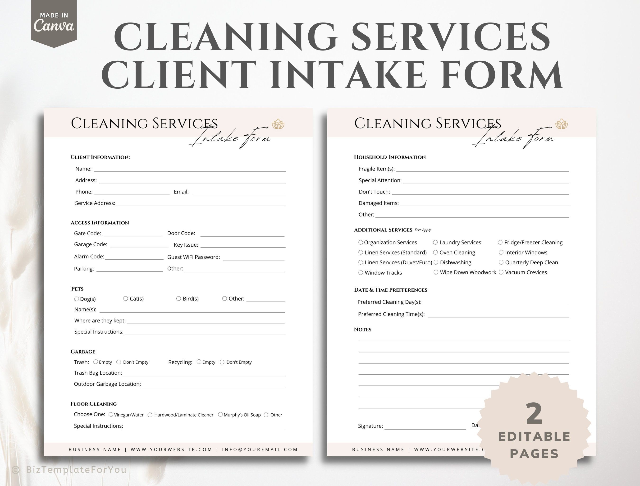 Professional Residential Cleaning Service Client Intake Form Etsy