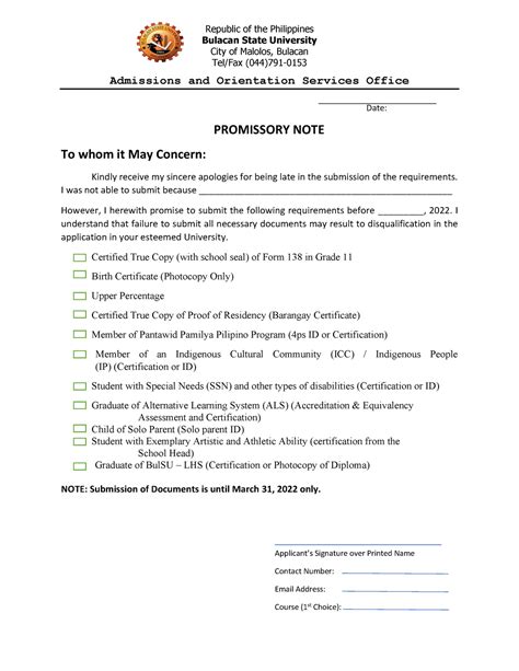 Promissory Note In School For The Enrollment And Examination Permit