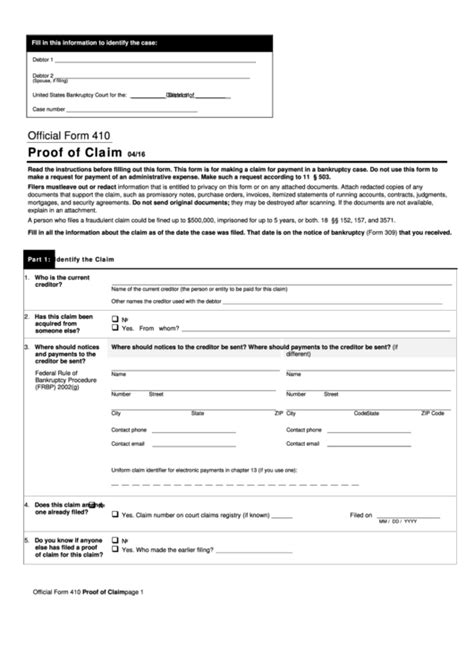 Proof Of Claim Form 410