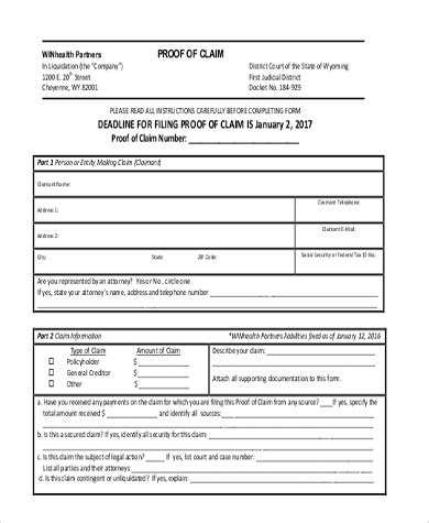 Proof Of Claim Form Example