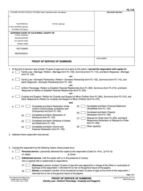 Proof Of Service Of Summons In A Family Law Case Form Fl 115 English