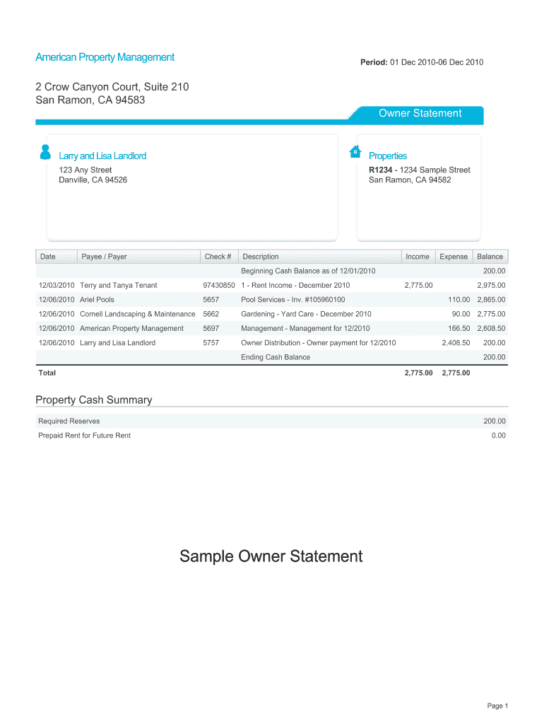 Property Management Owner Statement Template 2020 2021 Fill And Sign