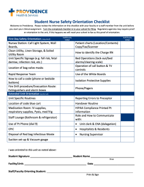 Providence Health Services Student Nurse Safety Orientation Checklist