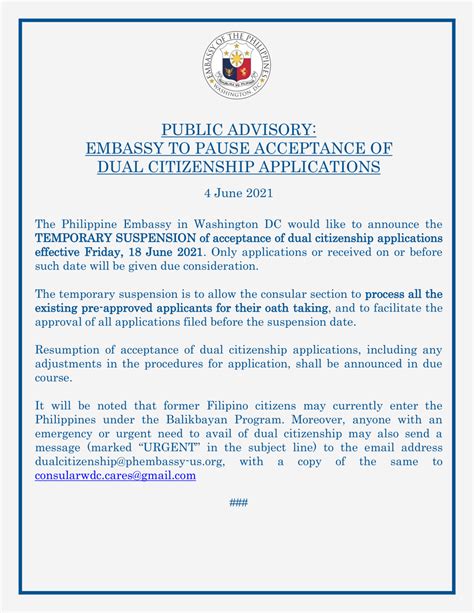 Public Advisory Embassy To Pause Acceptance Of Dual Citizenship