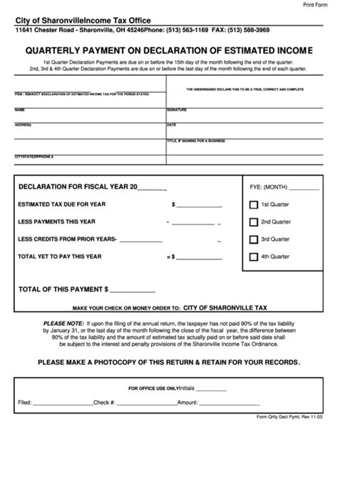 Quarterly Payment Of Declaration Of Estimated Income Tax Form Printable