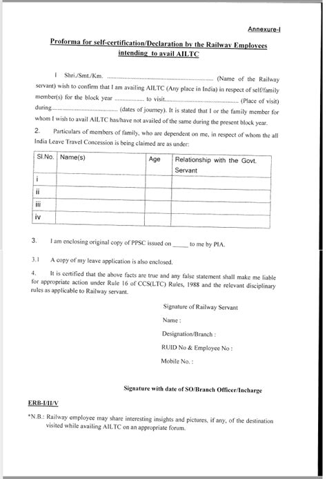 Railway Employees All India Ltc Proforma For Self Certification