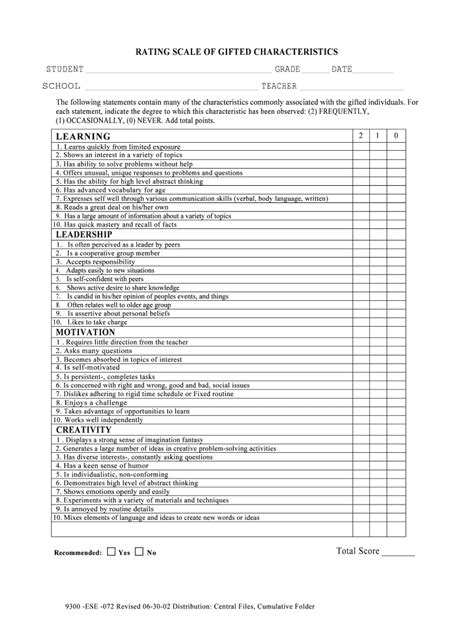 Rating Scale Of Gifted Characteristics Ecsd Form Fill Out And Sign