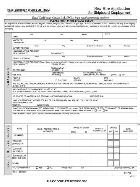 Rcl New Hire Application For Shipboard Employment Fill And Sign