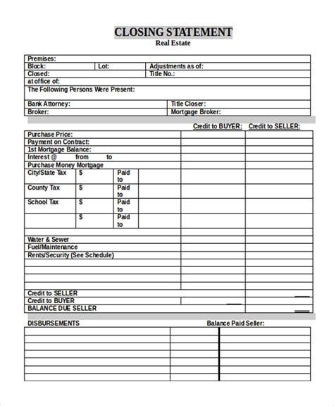 Real Estate Closing Statement Real Estate Closing Document