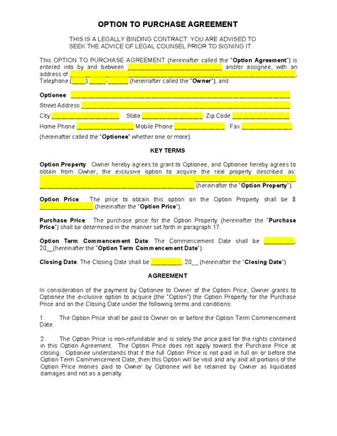 Real Estate Option Agreement Template