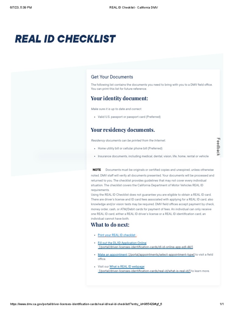 Real Id Checklist California Dmv