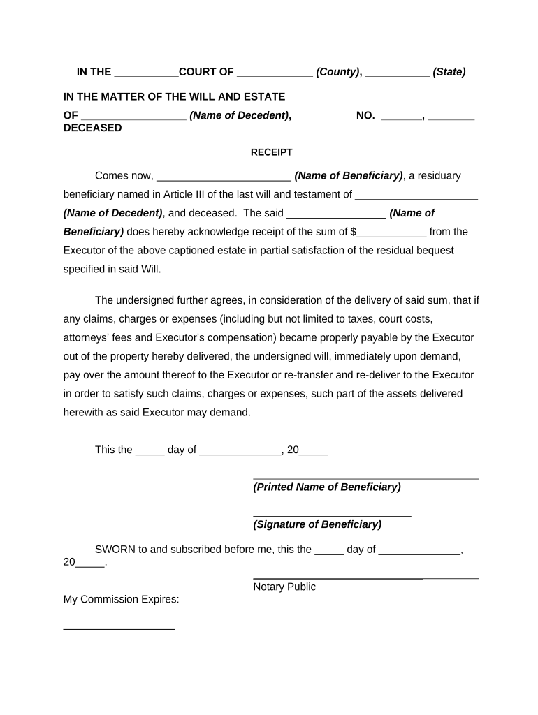 Receipt Of Beneficiary For Early Distribution From Estate And Indemnity