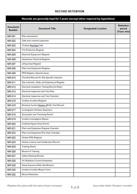 Record Retention Form Neca Safety Specialists