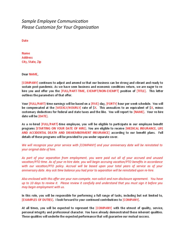 Rehire Letter Template To Employee Doc Template Pdffiller