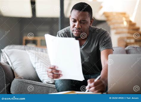 Remote Work Living Room And Black Man With Paperwork For Insurance Investment Of Home