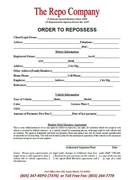 Repo Order Form Five Things You Should Do In Repo Order Form Knowledge Learning Printable Signs