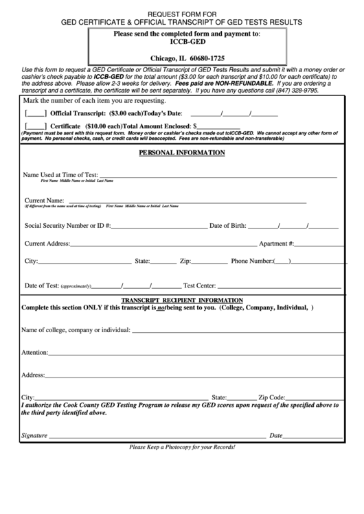 Request Form For Ged Certificate Official Transcript Of Ged Tests