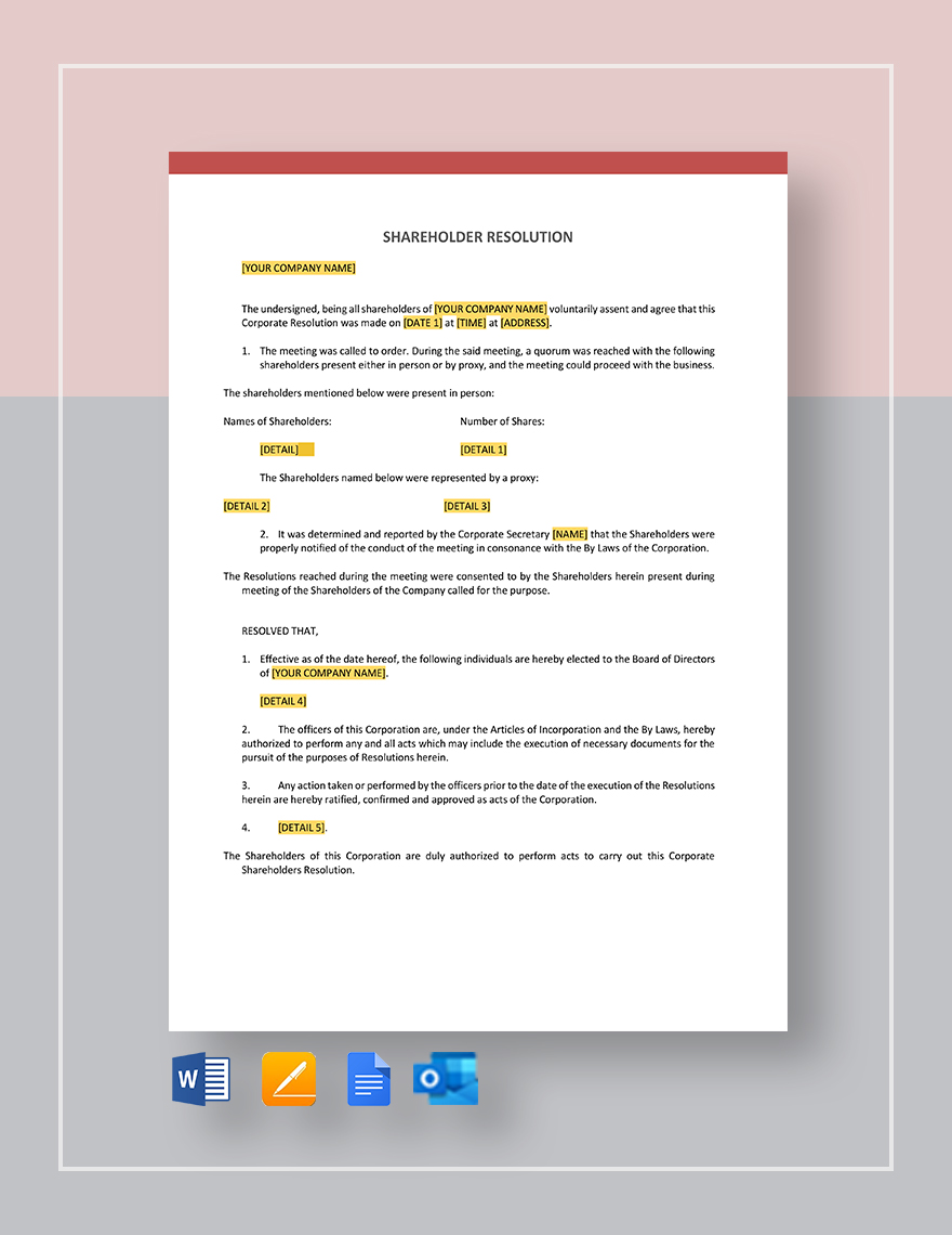 Resolution Of Shareholders Template Word Pdf