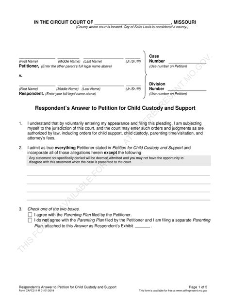 Respondent S Answer To Petition For Child Custody And Support Form